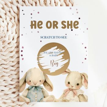 The Sweetest Way to Share Your News 🐰✨
Picture the moment, your mum, your sister, your best friend holding this beautifully illustrated card, coin in hand, heart racing as they scratch away the gold circle to discover whether you're having a baby boy or girl. That's the magic of our Bunny Toys Gender Reveal Scratch Card, handmade in Ireland by Printarelle.

Featuring two adorable watercolour bunny toys, one in a soft blue outfit, one in a delicate cream bow, set against a clean white background with warm gold confetti dots. Timeless, gender-neutral in design, and utterly charming.