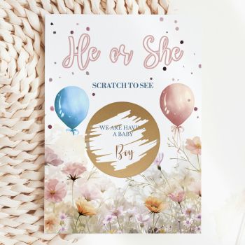 Scratch to Reveal the Most Beautiful News 🌸🎈
Imagine handing this gorgeous card to your mum, your best friend, or your partner, watching their eyes light up as they scratch away the gold panel to discover whether you're having a baby boy or girl. That moment of pure joy, captured in a card handmade in Ireland by Printarelle.

Our Wildflower Balloons Gender Reveal Scratch Card features a dreamy watercolour design with soft pink wildflowers, a blue balloon for boy and a blush balloon for girl, and a gold scratch-off circle hiding your big news inside.