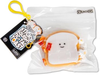 Interactive toast-shaped squishy with sticky bacon and egg pieces, combining stress relief with a fun tic-tac-toe game.