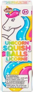 Pack of 3 unicorn-themed squishy balls with colourful designs and textures, perfect for stress relief and gifting.