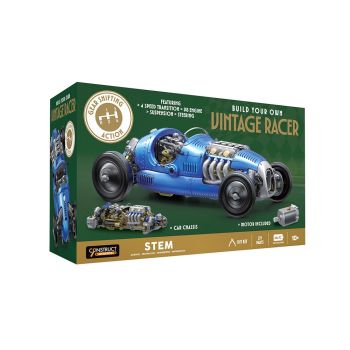 Build a motorised vintage race car with working gears, steering, and V8 engine, a hands-on STEM learning kit.