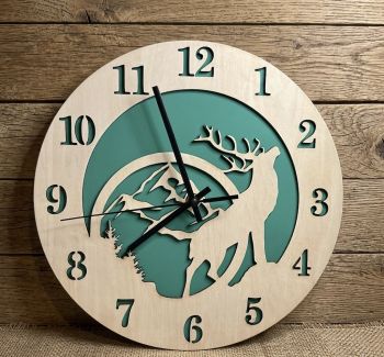 Handmade wall clock with deer design.