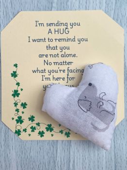 These are&nbsp; my sending you a hug fabric pocket hugs. This is my dog drawings themed prints. Each pocket heart is handmade in a soft cotton fabric and filled to medium firmness. There is option to chose home grown dried lavender in your heart, at no extra cost.&nbsp;
Each pillow can vary slightly as each are handmade.&nbsp;
Each comes attached to a cream and shamrock patterned card to tell the person you are gifting them a hug. Each card measures 10cm X 10.5cm. It's blank on the back so you can write a message
* I am a breast cancer survivor myself so I understand how individuals undergoing cancer treatment just need a hug and sometimes you can't do that.&nbsp; &nbsp;