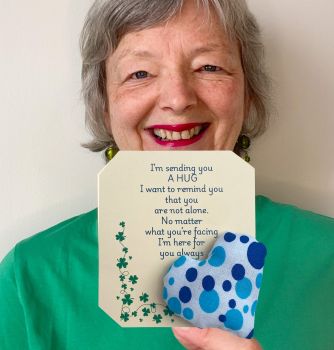 These are&nbsp; my sending you a hug fabric pocket hugs. This is my blue spots print. Each pocket heart is handmade in a soft cotton fabric and filled to medium firmness. There is option to chose home grown dried lavender in your heart, at no extra cost.&nbsp;
Each pillow can vary slightly as each are handmade.&nbsp;
Each comes attached to a cream and shamrock patterned card to tell the person you are gifting them a hug. Each card measures 10cm X 10.5cm. It's blank on the back so you can write a message
* I am a breast cancer survivor myself so I understand how individuals undergoing cancer treatment just need a hug and sometimes you can't do that.&nbsp; &nbsp;