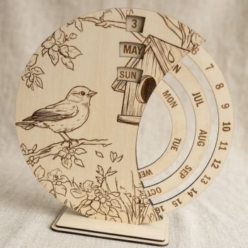 Laser cut rotating calendar.