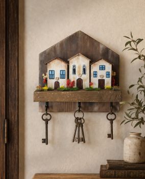 Beautiful handcrafted wooden key holder, painted with acrylic colours and decorated with dried flowers!