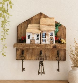 Handcrafted wooden key holder with two handcrafted tiny cottages, decorated with beautiful rustic items!