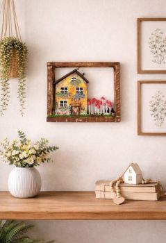 Handcrafted wooden frame with a wooden house and magic mushrooms!