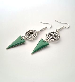 Gorgeous antique silver spiral earrings, handmade in Ireland with quality materials, created with enamelled triangular drops in a beautiful green. .&nbsp; Lightweight, elegant and easy to wear.&nbsp; These beautiful bespoke pieces are great for day or evening wear, perfect for gifting also!