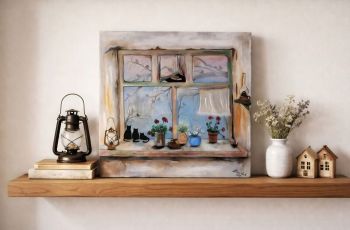 A charming acrylic painting of a rustic windowsill featuring black cats, vibrant flowers, and vintage lanterns overlooking a serene, bird-filled winter landscape. 30/30 cm!