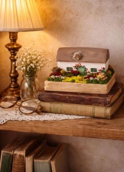 A vibrant miniature of a traditional Irish cottage, hand-carved from reclaimed wood. Featuring a charming sage green door and a lush, blooming garden, this one-of-a-kind folk art piece brings the rustic beauty of Ireland to any shelf or mantle.&nbsp; 9/7/6 cm.