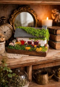 A handcrafted miniature of a traditional Irish cottage, made from reclaimed wood and hand-painted with rustic details. This one-of-a-kind piece features a floral garden scene and a charming backyard, perfect for adding a touch of Irish heritage to any space.&nbsp; 9/6/6 cm.