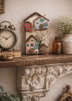 This unique apartment block is a celebration of sustainable art. Each side is hand-painted with acrylic colours and varnish. Made from reclaimed wood, this piece is perfect for any shelf or desk.&nbsp; 17//9/6 cm.
