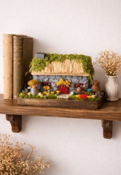 Handcrafted from reclaimed wood, this miniature captures the soul of an old Irish cottage. It features a mossy thatched roof, a tiny red door with a lucky horseshoe, and a rustic back garden with farm tools. A perfect piece of Irish heritage art. 15/10/10 cm.