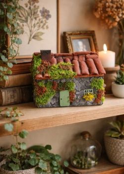 Bring a piece of Ireland home. This cottage, handcrafted from reclaimed wood, features hand-built clay roof tiles. Every detail is hand-painted. This is a unique gift. 9/5/7 cm.