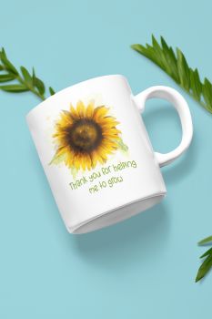 11oz Mug&nbsp;
Sunflower watercolour style design&nbsp;
Mugs are dishwasher friendly&nbsp;
Personalised option available within the catalogue.&nbsp;
This mug contains the word printed "Thank You For Helping Me Grow" only&nbsp;