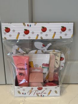 Teacher Beauty Giftset
Treat your favourite teacher to a little well-deserved pamper this end of year with our beautifully curated Teacher Gift Hampers. Filled with gorgeous beauty treats and thoughtful touches, it&rsquo;s the perfect way to say thank you for all the care, patience and hard work throughout the school year. A lovely keepsake gift to make them feel appreciated and spoiled!
Each one includes:

Tropical Hand Cream
Vaseline Lip Balm
Beauty Blender
​Hydrogel Eye Mask
Nail File
Haribo Jellies

Personalised for Teacher's/SNA's/Principles/Secretarys.