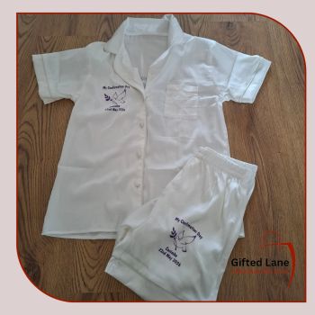 Personalised Confirmation Satin Pyjamas is a personalised gift and a keepsake of a special day. They are available in white satin with black piping or pearl white satin with black piping and can be personalised on both sides with any picture or text on them and with a date or name on them. Another special personalised gift from Gifted Lane.