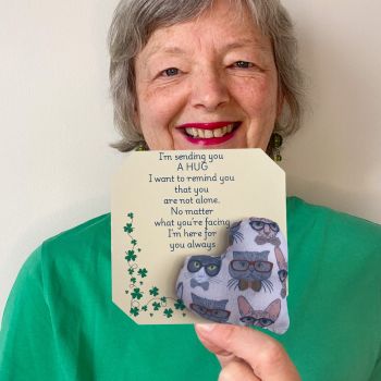 These are&nbsp; my sending you a hug fabric pocket hugs. This is my cats in glasses print. Each pocket heart is handmade in a soft cotton fabric and filled to medium firmness. There is option to chose home grown dried lavender in your heart, at no extra cost.&nbsp;
Each pillow can vary slightly as each are handmade.&nbsp;
Each comes attached to a cream and shamrock patterned card to tell the person you are gifting them a hug. Each card measures 10cm X 10.5cm. It's blank on the back so you can write a message
* I am a breast cancer survivor myself so I understand how individuals undergoing cancer treatment just need a hug and sometimes you can't do that.&nbsp; &nbsp;