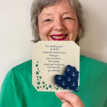 These are&nbsp; my sending you a hug fabric pocket hugs. This is my white anchors on navy print. Each pocket heart is handmade in a soft cotton fabric and filled to medium firmness. There is option to chose home grown dried lavender in your heart, at no extra cost.&nbsp;
Each pillow can vary slightly as each are handmade.&nbsp;
Each comes attached to a cream and shamrock patterned card to tell the person you are gifting them a hug. Each card measures 10cm X 10.5cm. It's blank on the back so you can write a message
* I am a breast cancer survivor myself so I understand how individuals undergoing cancer treatment just need a hug and sometimes you can't do that.&nbsp; &nbsp;