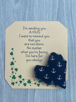 These are&nbsp; my sending you a hug fabric pocket hugs. This is my white anchors on navy print. Each pocket heart is handmade in a soft cotton fabric and filled to medium firmness. There is option to chose home grown dried lavender in your heart, at no extra cost.&nbsp;
Each pillow can vary slightly as each are handmade.&nbsp;
Each comes attached to a cream and shamrock patterned card to tell the person you are gifting them a hug. Each card measures 10cm X 10.5cm. It's blank on the back so you can write a message
* I am a breast cancer survivor myself so I understand how individuals undergoing cancer treatment just need a hug and sometimes you can't do that.&nbsp; &nbsp;