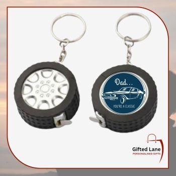 Personalised Wheel Measuring Tape Keyring is a personalised gift accessory or a keepsake for any DIY or car enthusiast. It can be personalised with a picture and / or with a small amount of text on it. Another special personalised gift from Gifted Lane