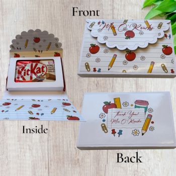 Thank You Teacher Personalised KitKat
Full size (4 fingers) KitKat enclosed in a personalised holder with hook &amp; loop opening/closing
Personalised with Teachers name