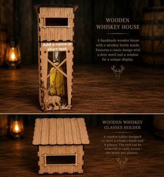 Wooden Whiskey House Gift Set
&nbsp;
Handcrafted wooden whiskey house designed for whiskey lovers and unique gift occasions. The decorative wooden case holds one whiskey bottle and features a removable roof with a built-in holder for 4 glasses.
&nbsp;
Made from quality wood with detailed laser-cut craftsmanship and a rustic deer design, this elegant set is perfect for home bars, celebrations, birthdays, weddings, and special gifts.
&nbsp;
Features:
&bull; Handmade wooden whiskey house
&bull; Removable roof for easy access
&bull; Holder for 4 whiskey glasses
&bull; 4 whiskey glasses included
&bull; Decorative rustic deer motif
&bull; Ideal gift for whiskey enthusiasts
&bull; Stylish and practical display piece
&nbsp;
Note: Whiskey bottle is not included. The set includes the wooden holder and 4 glasses.
