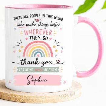 &nbsp;
Beautiful personalised rainbow mug featuring an uplifting thank you message. A thoughtful gift for teachers, SNAs, coworkers, carers, friends or anyone who makes life brighter.