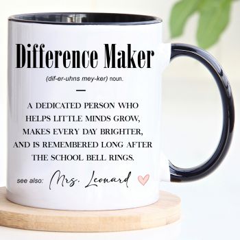 &nbsp;
Elegant personalised teacher appreciation mug featuring a heartfelt &ldquo;Difference Maker&rdquo; definition design. A meaningful thank you gift for teachers, SNAs, mentors and classroom heroes.