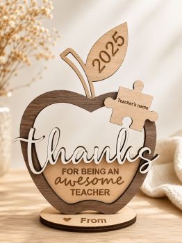 Personalized Teacher Appreciation Wooden Plaque 🍎
Beautiful handmade wooden plaque crafted from 3mm plywood, designed especially to show gratitude to teachers. Featuring an elegant apple shape, custom year detail, and personalized teacher name puzzle piece, this decoration makes a thoughtful and memorable&nbsp;
A unique keepsake that every teacher will treasure for years to come. ❤️