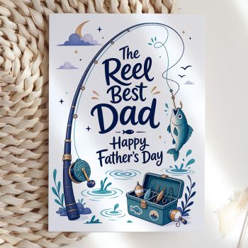 A calm, illustrated card with a very good pun. This design reads "The Reel Best Dad, Happy Father's Day" beside a tall fishing rod arced with a catch, a packed teal tackle box, water splash details, and botanical accents. A natural choice for any fishing-mad dad.