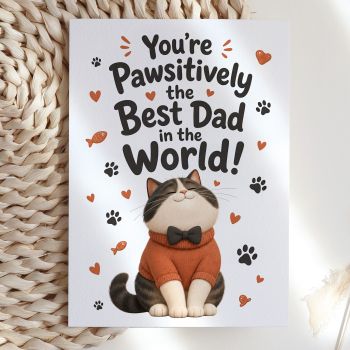 A card for the cat dad who deserves a little recognition. This illustrated card reads "You're Pawsitively the Best Dad in the World!" above a contented, round cat dressed in a rust turtleneck sweater and bow tie, surrounded by paw prints and red fish. Endearing, gently silly, and quietly hilarious.