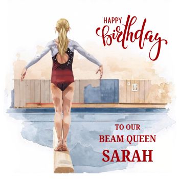 A gorgeous personalized 6&times;6 card created especially for your gymnast ✨ Customize the hairstyle and hair color to make it look just like her, complete with beautiful glitter detailing on the leotard for extra sparkle and shine. Perfect for birthdays, Christmas, congratulations, good luck, well done gifts, competition celebrations, or simply to make your gymnast&rsquo;s day extra special 🤸&zwj;♀️💖 A magical keepsake she&rsquo;ll treasure forever.