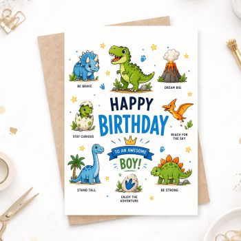 Make their birthday extra special with this bright and cheerful dinosaur birthday card for boys. Packed with cute cartoon dinosaurs including a T-Rex, Triceratops, Brachiosaurus, Stegosaurus, and Pterodactyl, each paired with its own uplifting message like "Be Brave," "Dream Big," and "Reach for the Sky."