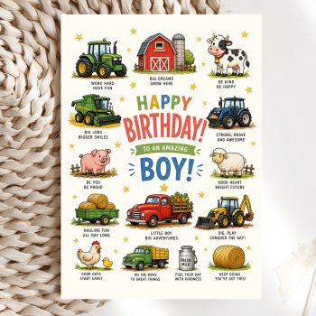 Wish a little farmer a very happy birthday with this charming farm birthday card for boys. Filled with colourful illustrations of tractors, a combine harvester, a red farm truck, a barn, cows, pigs, sheep, chickens, hay bales, and more, this card celebrates all things farm life in a warm and joyful style.

Each illustration comes with its own uplifting message, from "Work Hard Have Fun" to "Big Dreams Grow Here," surrounding a bold "Happy Birthday to an Amazing Boy!" centrepiece. Arrives with a matching kraft envelope.