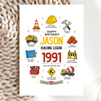 Celebrate the construction worker who builds more than structures with this personalised construction worker birthday card. Featuring bold illustrated icons: a yellow hard hat, dump truck, blueprint and pencil, red toolbox, cement mixer, road sign, and traffic cone, it is a confident, colourful card for the person who shows up, works hard, and builds something worth being proud of every single day.

Add the construction worker's name and any personal message when ordering, and we will create a unique personalised card. Also includes a birth year option so you can make it a landmark milestone card. Great for a birthday from family, colleagues, or the whole site crew.