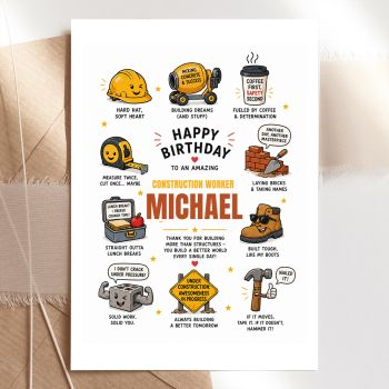 If you need a birthday card for a construction worker with a sense of humour, this is the one. Packed with animated, funny illustrated characters including a winking hard hat, a cement mixer "mixing concrete and success", a Ctrl+coffee cup that says "coffee first, safety second", and a hammer that yells "nailed it!", this card is all about celebrating the lighter side of life on the building site.