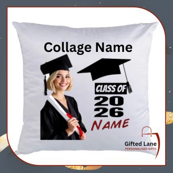 These College cushions can be personalised with any pictures or text on them for a person college graduation. Either with the Persons Name, Course Award, Date and even Names of their classmates or pictures of them and their classmates. It is a nice present for someone to remember their College Times. Another special personalised gift from Gifted Lane. Remember a personalised gift from Gifted Lane is always a special gift.