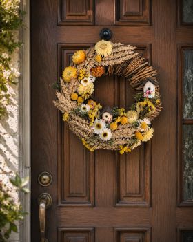 Bring the warmth of a sunny meadow indoors with this handcrafted natural wreath.
To keep your wreath vibrant and beautiful for years to come, display it indoors or in a well-protected outdoor area away from direct sunlight, moisture, and heavy rain.