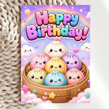 If a birthday were a place, it would look exactly like this. Seven colourful kawaii dumplings are crammed into a bamboo steamer basket, every single one of them beaming, while a glittering rainbow arches across a dreamy purple sky and fluffy clouds drift by on either side. The 3D bubble "Happy Birthday!" lettering is bold, bright and absolutely bursting with celebration energy.