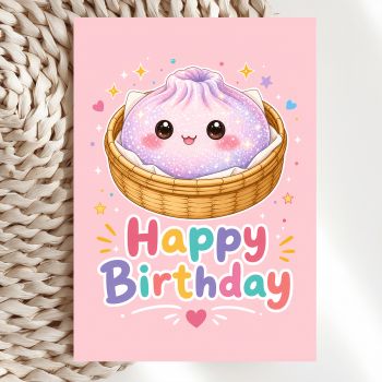 If a birthday were a place, it would look exactly like this. Seven colourful kawaii dumplings are crammed into a bamboo steamer basket, every single one of them beaming, while a glittering rainbow arches across a dreamy purple sky and fluffy clouds drift by on either side. The 3D bubble "Happy Birthday!" lettering is bold, bright and absolutely bursting with celebration energy.