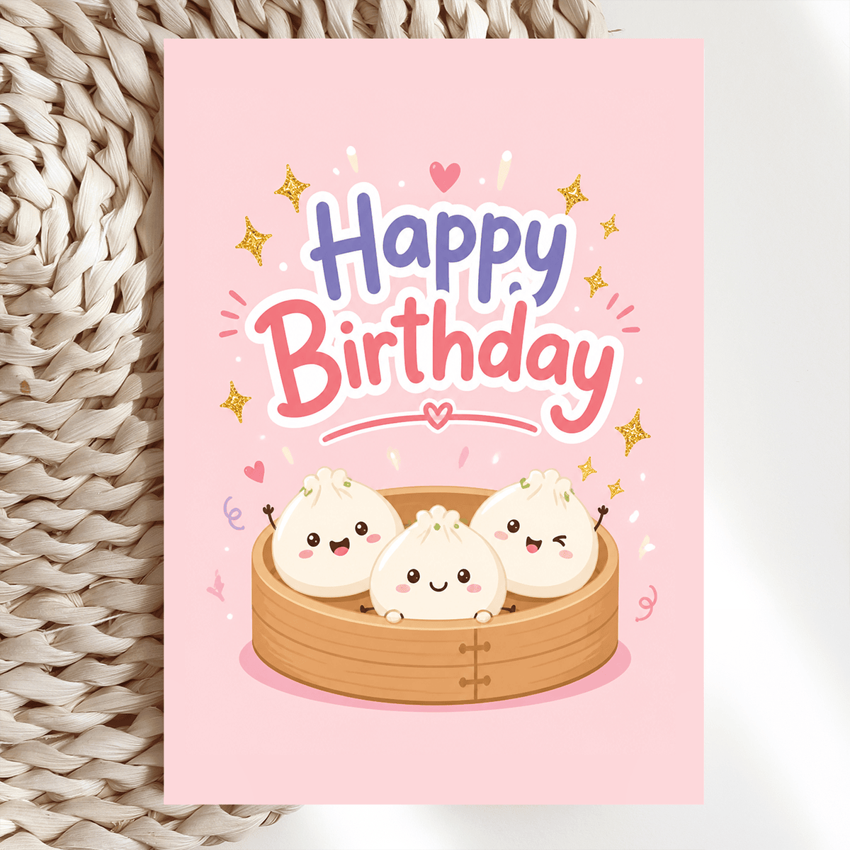 Three little bao buns are officially ready to celebrate. Peeking cheerfully out of a bamboo dim sum steamer basket, this trio of kawaii dumplings brings all the birthday energy on a soft blush pink background. Gold glitter stars, confetti and little hearts frame the bold "Happy Birthday" message above, giving the whole card a warm and festive feel.
It is the perfect card for anyone who considers dim sum their love language or who gets genuinely excited by the sight of a steamer basket hitting the table. Charming, cheerful and completely on-theme for the dumpling obsessed in your life.