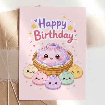 This one is for the birthday person who deserves to feel like a star. A magnificent glitter galaxy bao bun sits centre stage in a bamboo steamer basket, shimmering with pink and purple tones, while five smaller colourful dumpling friends gather around in celebration. Sparkle details and tiny hearts fill the soft blush background for a look that feels genuinely magical.