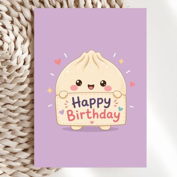 Sometimes the sweetest messages come in the tiniest packages. This lilac birthday card features a single kawaii bao bun standing proud and beaming as it holds up a "Happy Birthday" sign with both little hands. It is impossibly cute and somehow deeply relatable.
The soft purple background makes the warm cream tones of the dumpling pop, while little hearts and sparkle details add just enough celebration energy without being too much. This is the card for the person who sees themselves in a small round dumpling: cheerful, a little squishy, and full of warmth.
&nbsp;