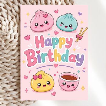 This card was made for the dumpling obsessed. Featuring a sweet squad of kawaii bao buns in pink, blue and yellow, each with their own adorable expression, plus a little dipping sauce bowl joining the party, the bold rainbow "Happy Birthday" text pops against a soft pink background for a look that is instantly cheerful.