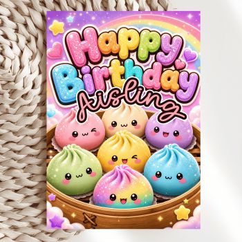 The most magical birthday card for the dumpling lover in your life. This personalised kawaii card features six colourful glittery dumplings nestled in a bamboo steamer basket, set against a dreamy purple sky with a rainbow arching overhead. Your chosen name appears in a beautiful pink script between the bold glitter "Happy Birthday" text and the dumpling characters, making it feel completely bespoke and special.