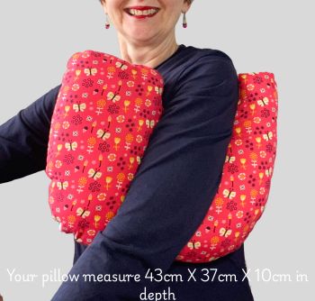 Breast cancer surgery support pillow (salmon pink flowered fabric) &amp; Matching Seat Belt