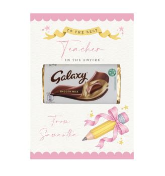 Personalised Galaxy Board - Pink Bow
A4 printed 300gsm gloss card with a 100g Galaxy chocolate bar.&nbsp; Perfect for Teacher, Grandad, Aunty....the list is endless.&nbsp; Comes in an A4 cellophane bag ready for gifting.
Sentence will be amended depending on the name entered.&nbsp;&nbsp;(name) You're the best in the Entire....To the Best.......