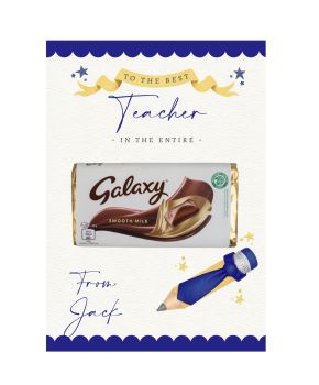 Personalised Galaxy Board - Navy Tie
A4 printed 300gsm gloss card with a 100g Galaxy chocolate bar.&nbsp; Perfect for Teacher, Grandad, Aunty....the list is endless.&nbsp; Comes in an A4 cellophane bag ready for gifting.
Sentence will be amended depending on the name entered.&nbsp; ... (name) You're the best in the Entire....To the Best.......